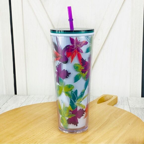 Starbucks Venti Tropical Floral Tumbler Cup Straw Spring 2022 Lavender Green - Picture 2 of 9